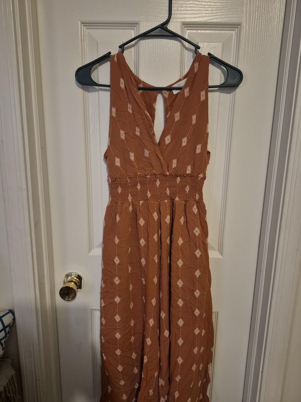 Burnt Orange Diamond-Print Smocked Waist Jumpsuit